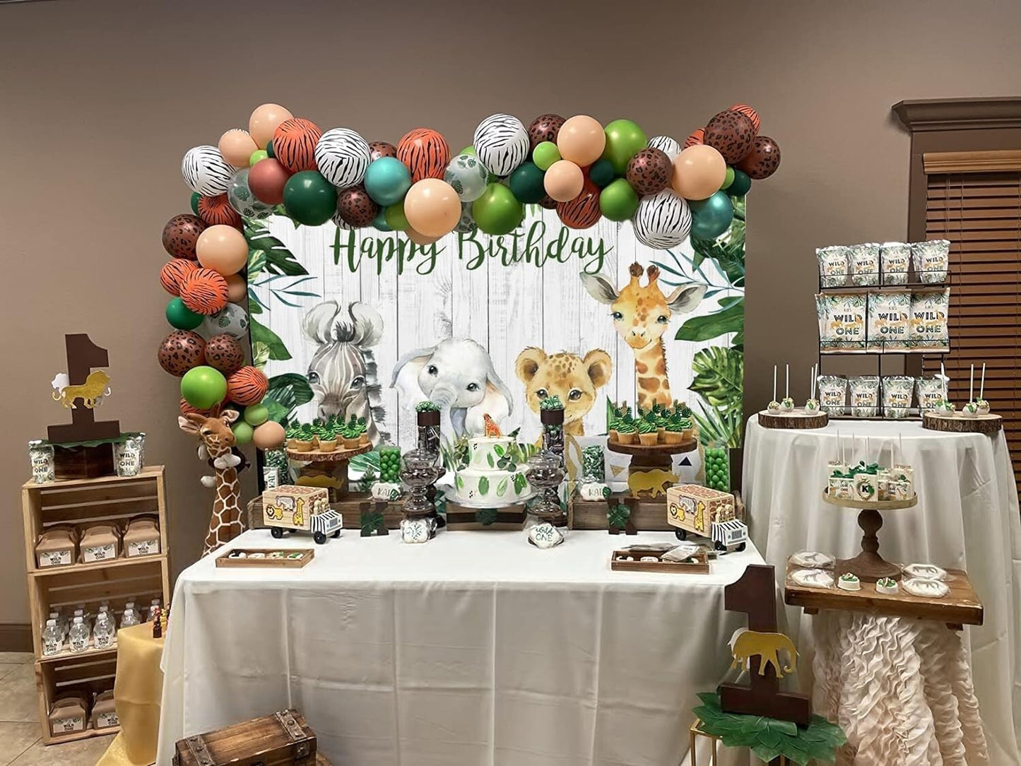 Jungle Safari Wild One Backdrop Bday Party Rustic Wooden Palm Tree 84L x 60W