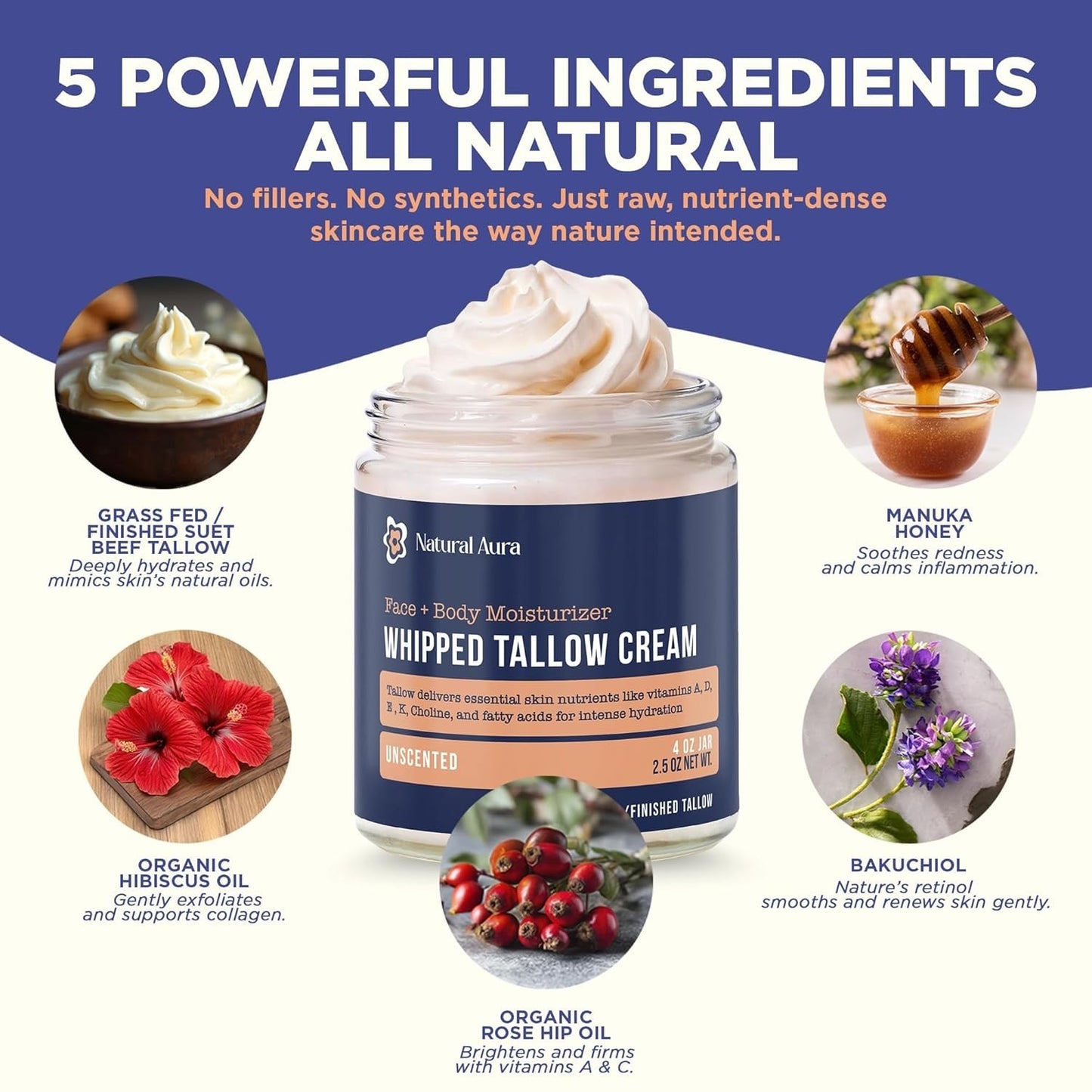 Whipped Beef Tallow 4oz Face & Body Moisturizer Unscented Natural Skin Balm