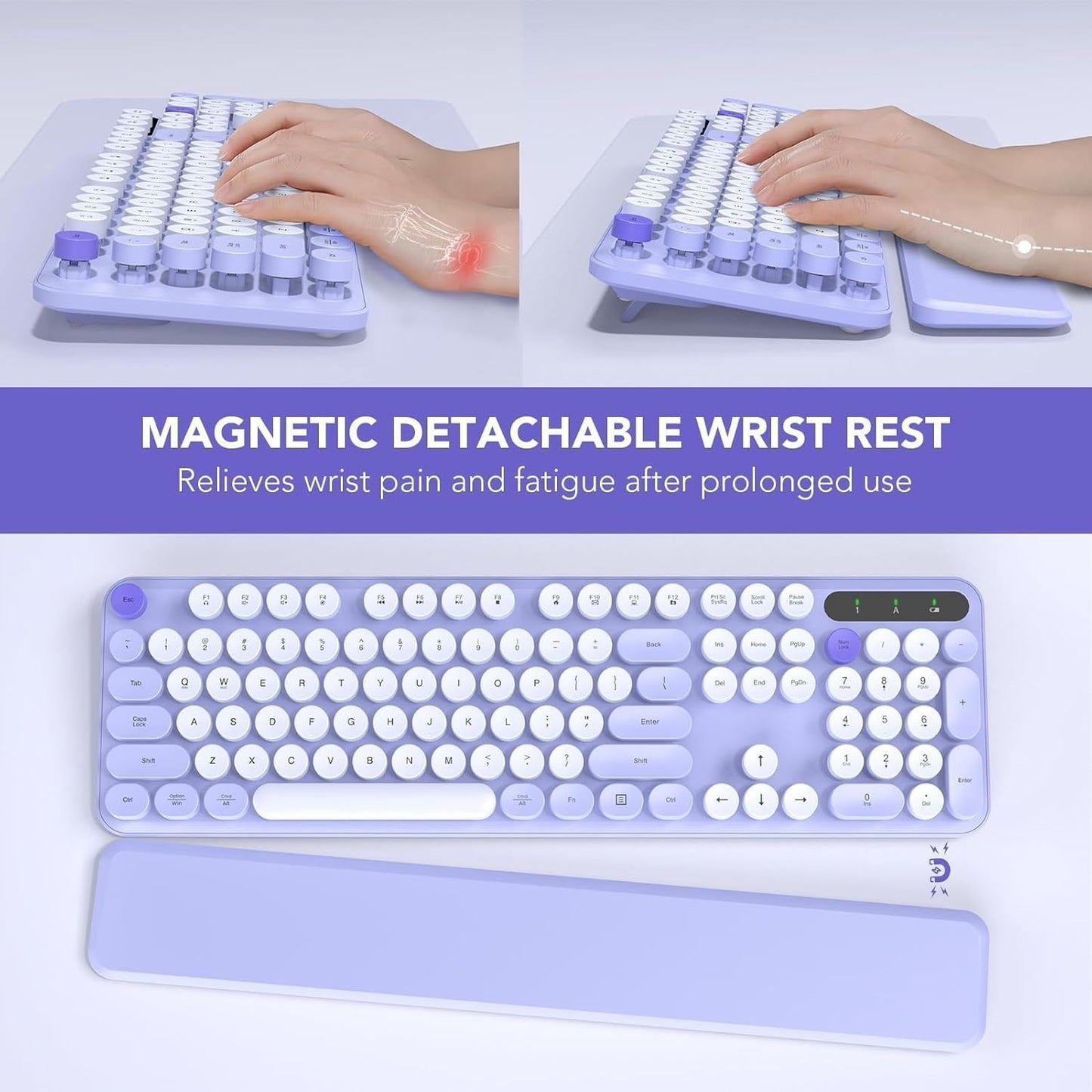 Wireless Retro Typewriter Keyboard Round Keycaps Detachable Wrist Rest Purple