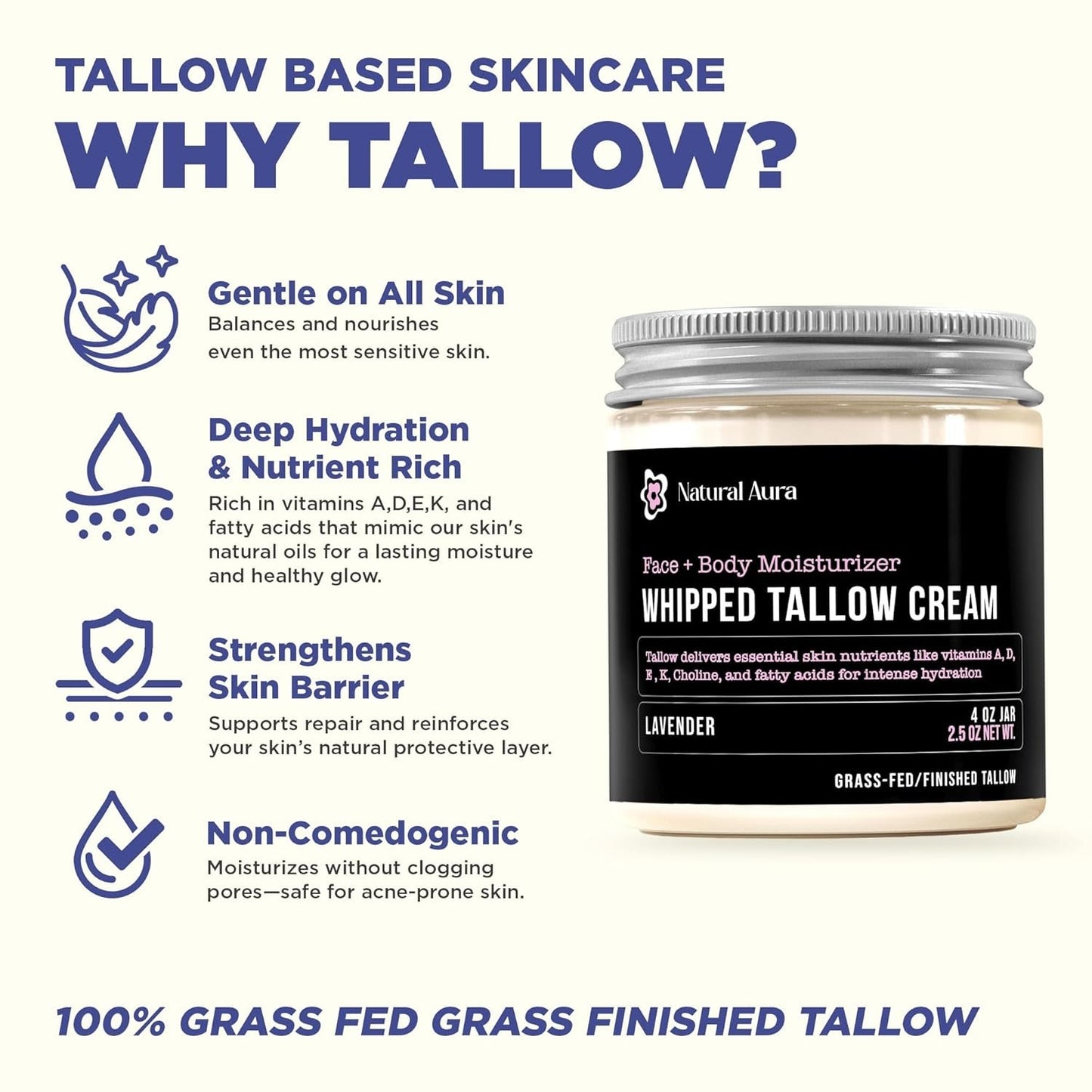 Whipped Beef Tallow 4oz Face & Body Moisturizer Lavender Natural Skin Balm