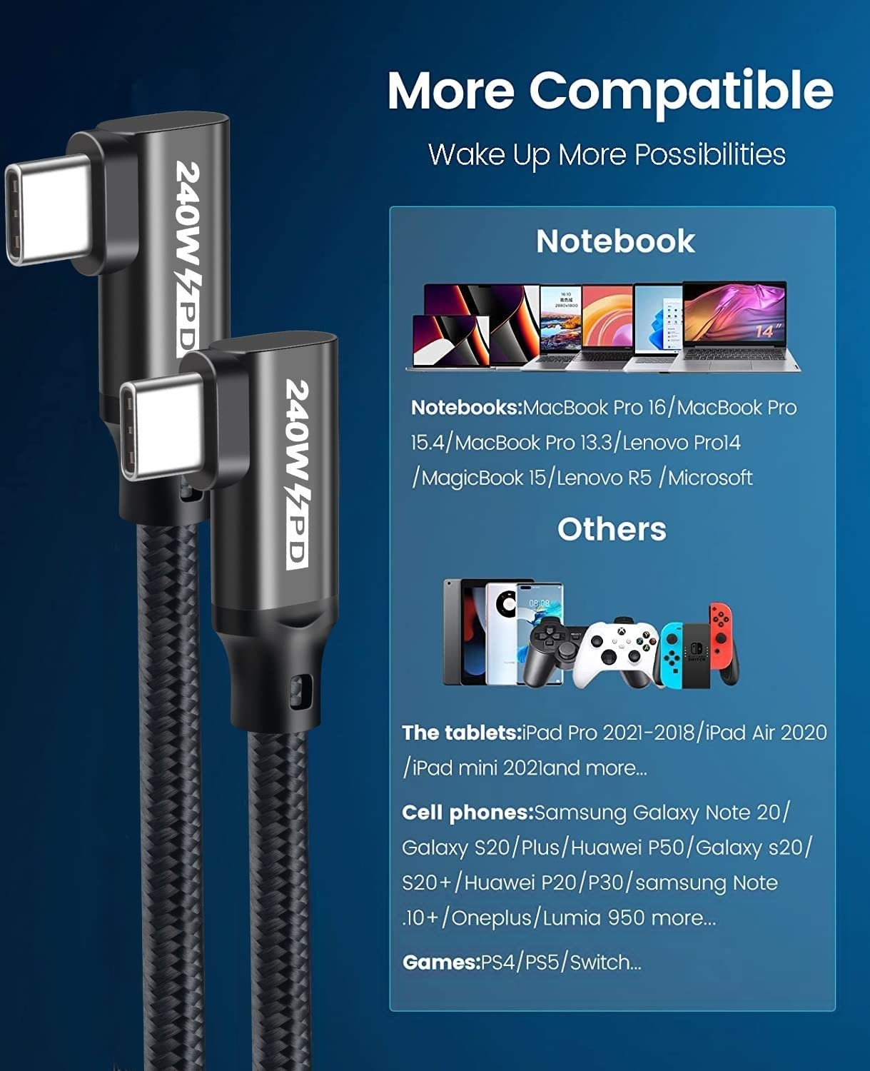 240W USB C to USB C Cable, PD 3.1, 5A Fast Charging, Dual Right Angle, 6.6FT