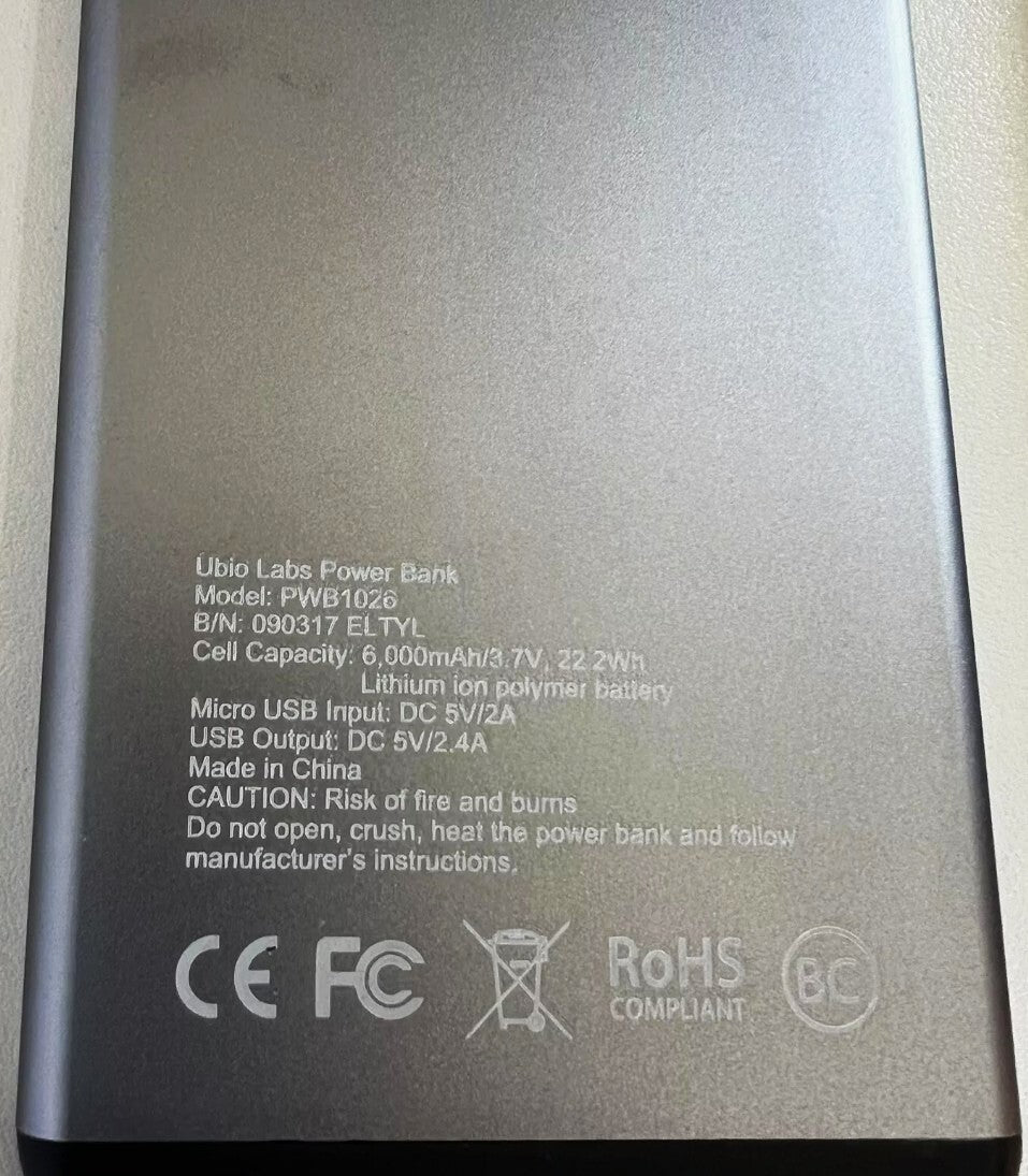 PWB1026 6000 Ubio Labs Power Bank mAH Silver Slim Cell Phone Charging