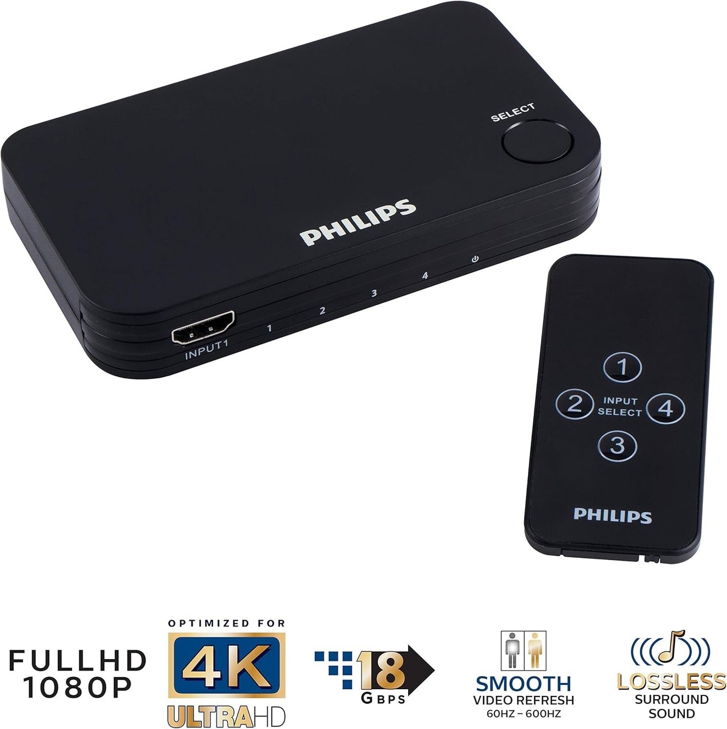 Philips 4K HDMI Switch 4-Port w/ Remote for TV, Roku, Xbox, PS4, Fire Stick