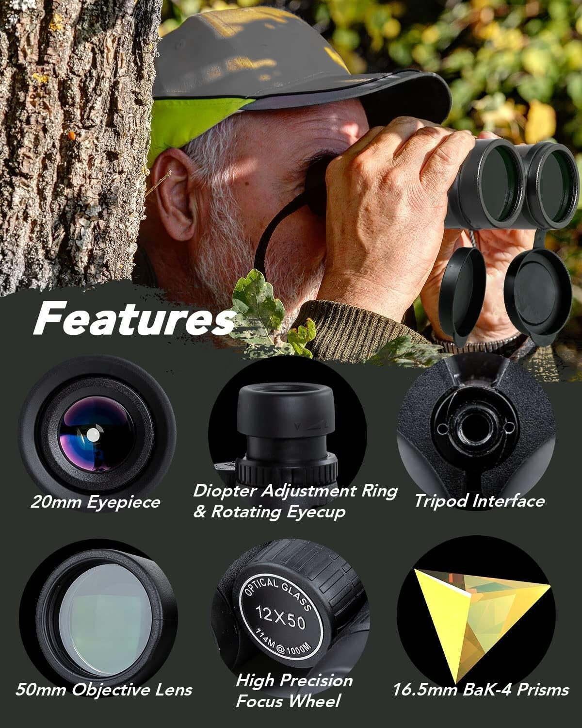 IPX7 Usogood 12x50 HD Binoculars Adults Tripod Phone Adapter Profe