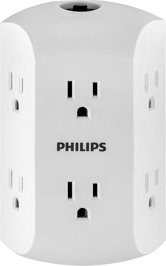 Philips 6-Outlet Wall Tap Extender – Grounded, Circuit Breaker, White
