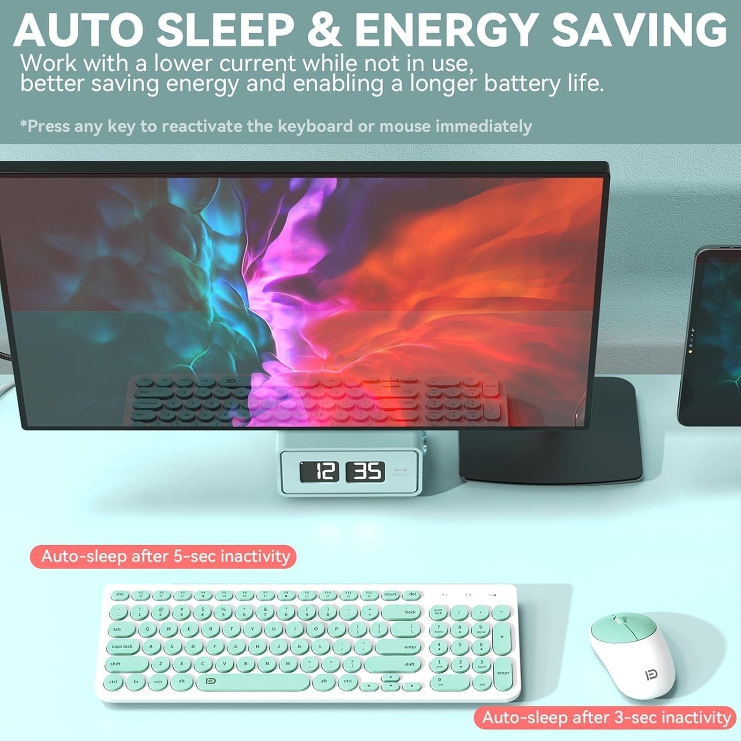 FD Wireless Keyboard Mouse Combo 2.4GHz Mint Green Quiet Slim Round Keys