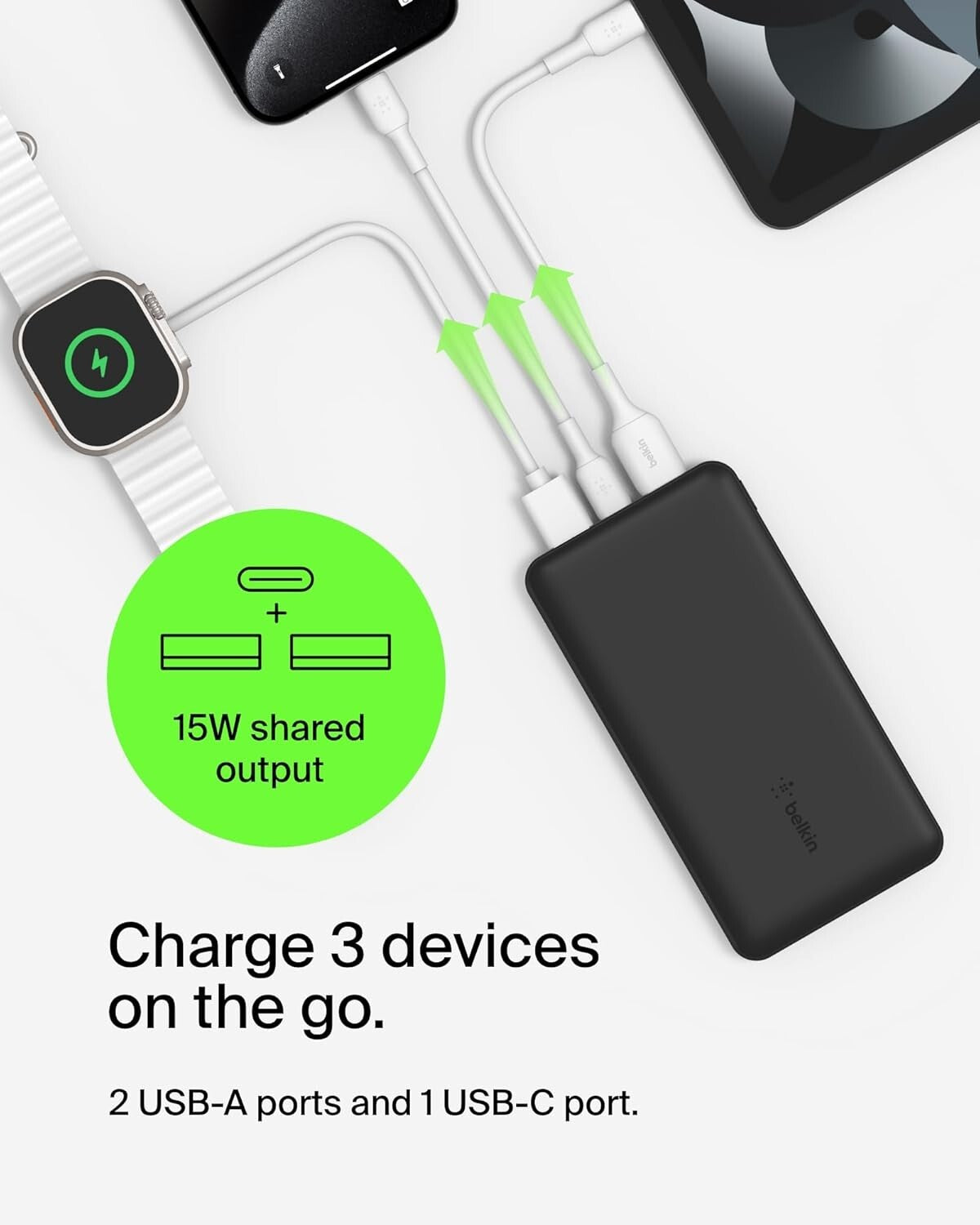 USB-C 15W Belkin Portable Charger Power Bank 10000mAh w 2xUSBA Ports