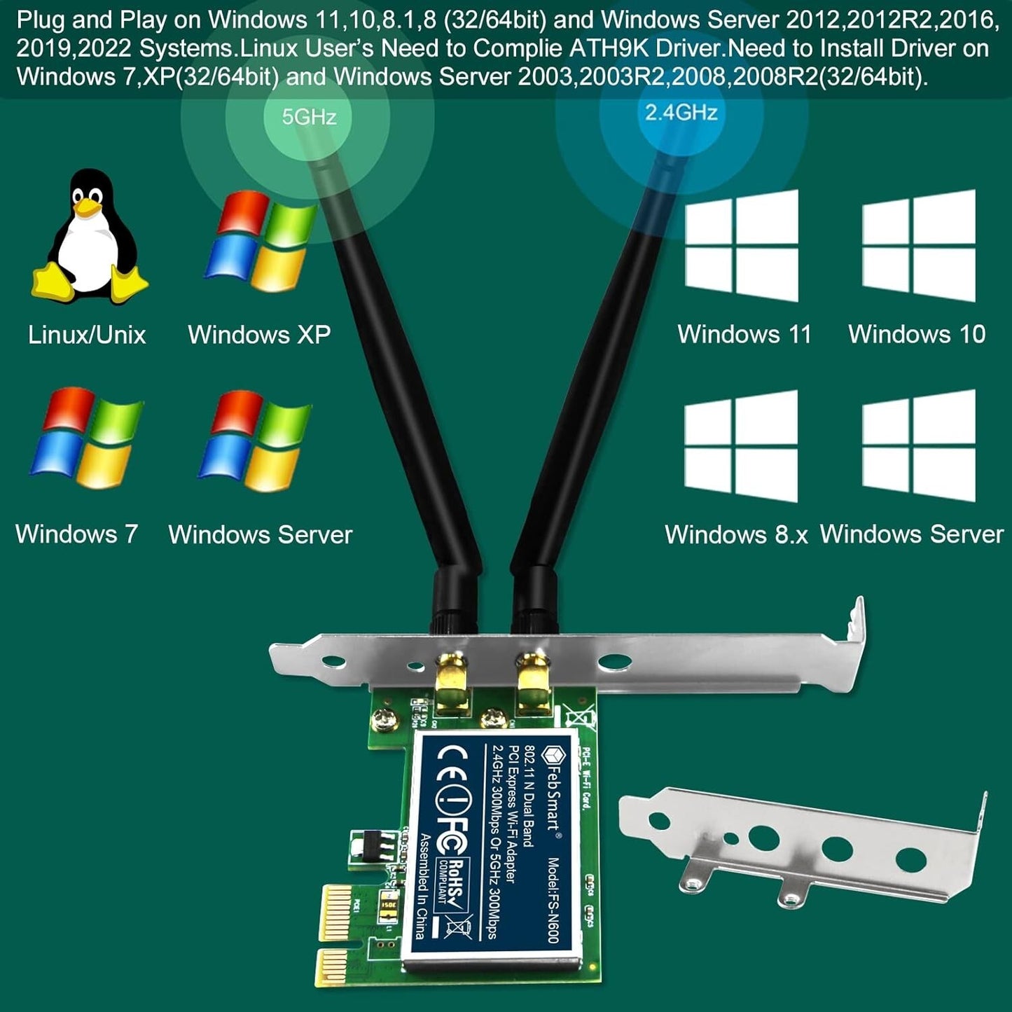 PCIE FebSmart Wireless N Dual Band 600Mbps 24GHz 300Mbps or 5GHz 300Mbps WiFi