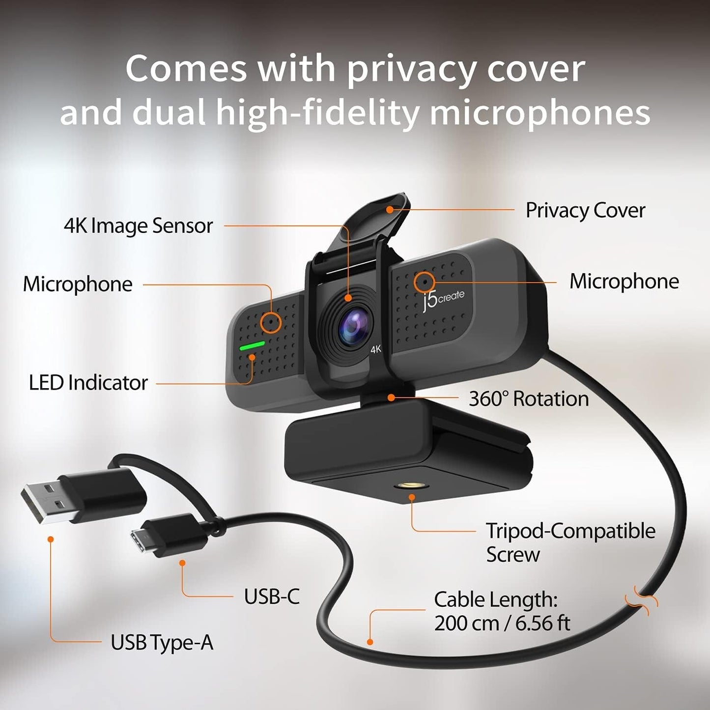 JVU430 BLACK j5create 4K Wide Angle Webcam w Mic Privacy Cover