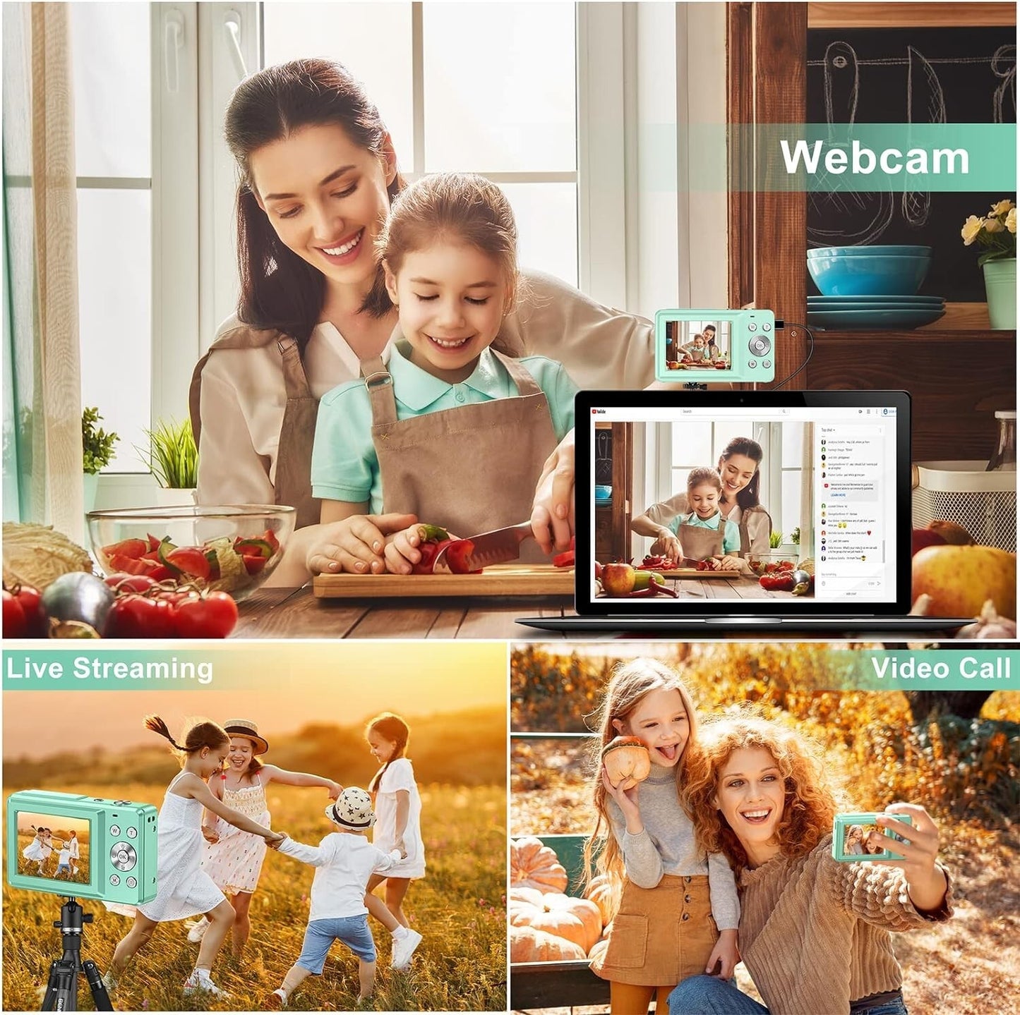 FHD 1080P Kids Compact Digital Camera 16x Zoom w SD Card Mint Green