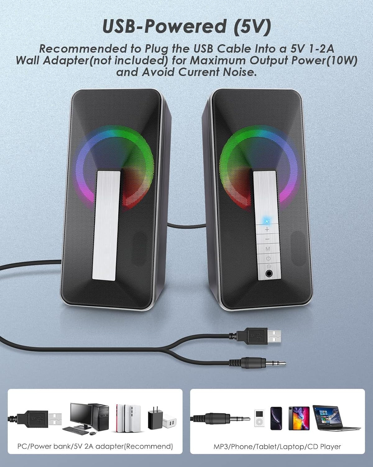 RGB Bluetooth 5.0 PC Speakers 10W Stereo Bass – Aux‑in for Laptop Desktop