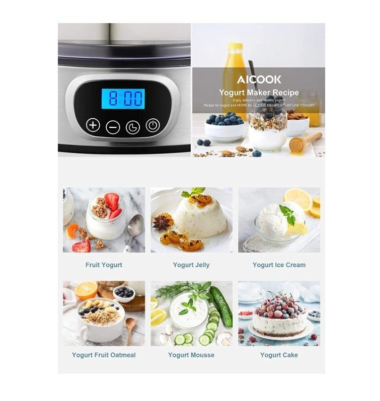 AICOOK Automatic Digital Yogurt Maker Timer Control, LCD Display, 304 Stainless