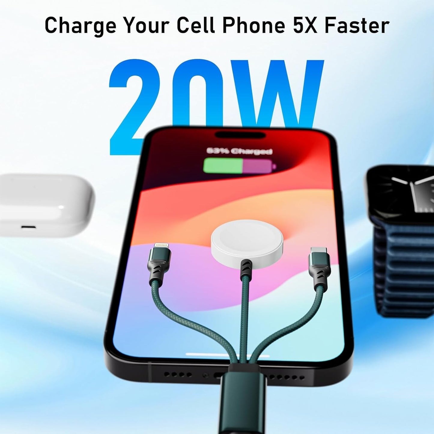 3-in-2 Charging Cable, Apple Watch & iPhone Fast Charger, Multi-Device Travel