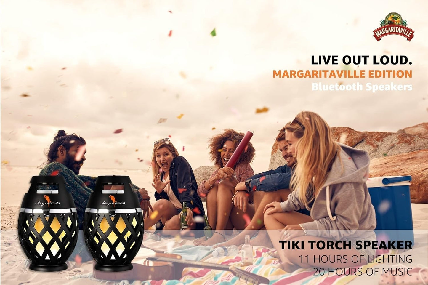Margaritaville Bluetooth Tiki Speakers – LED Flame Lights – Waterproof – 2 Pack