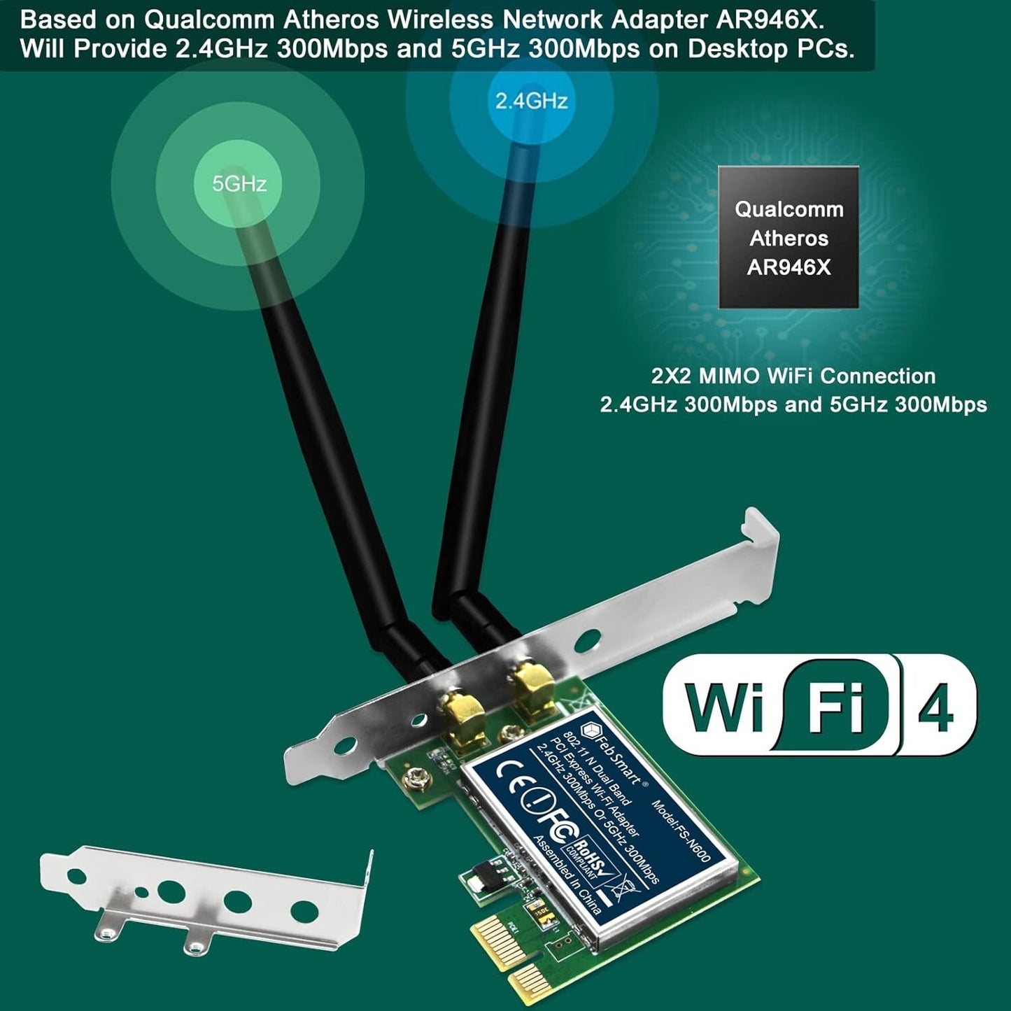 PCIE FebSmart Wireless N Dual Band 600Mbps 24GHz 300Mbps or 5GHz 300Mbps WiFi