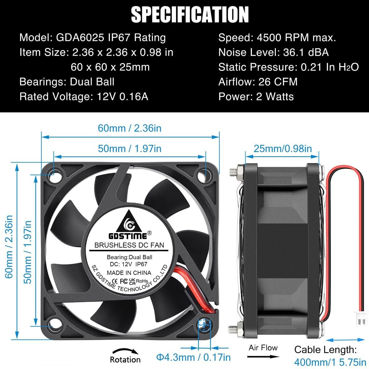 GDSTIME 12V 60mmX25mmDC Small Brushless Cooling High Speed