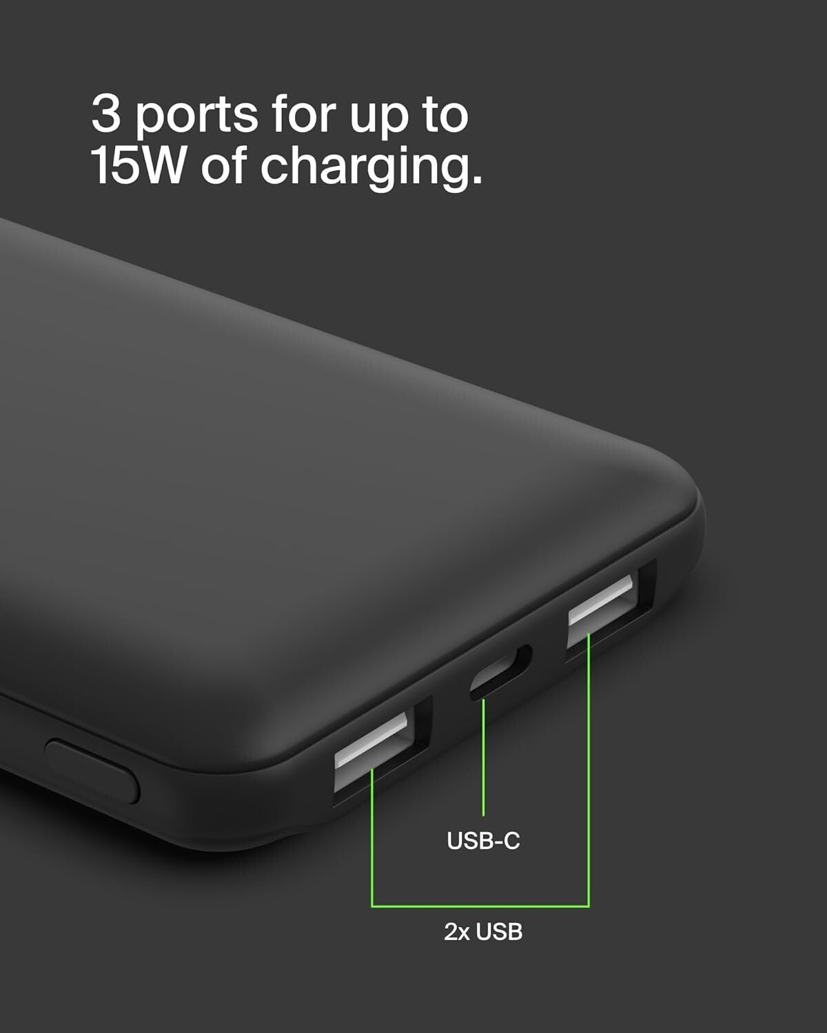 USB-C 15W Belkin Portable Charger Power Bank 10000mAh w 2xUSBA Ports