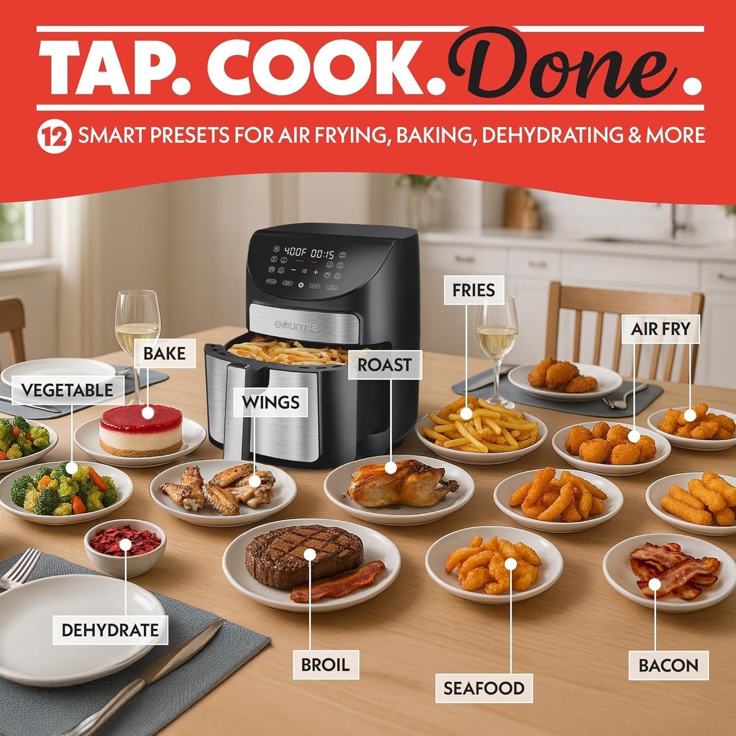 Gourmia 7QT Air Fryer Digital Controls, Guided Cooking, 10 Presets, 1500W, Black