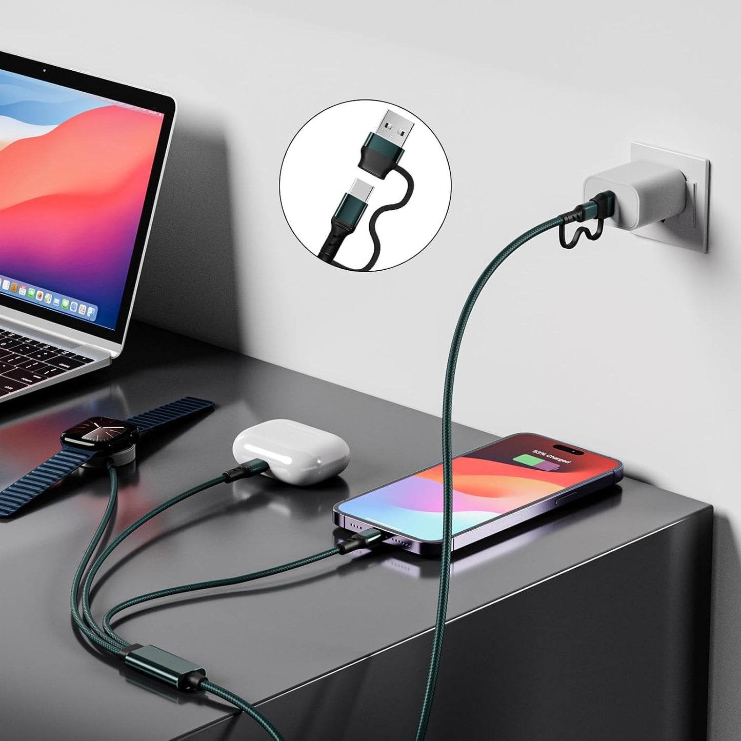 3-in-2 Charging Cable, Apple Watch & iPhone Fast Charger, Multi-Device Travel