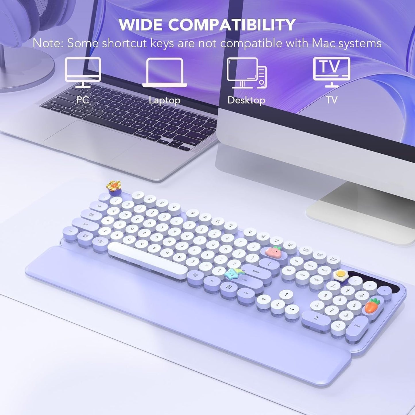 Wireless Retro Typewriter Keyboard Round Keycaps Detachable Wrist Rest Purple