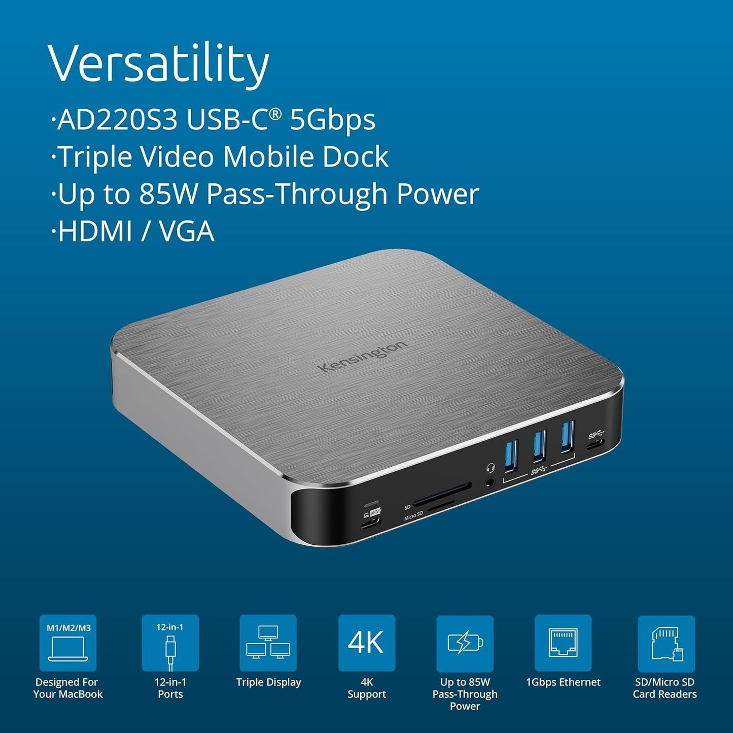 Kensington AD220S3 Dual Display Dock – MacBook M1–M4, 85W Charging, K31343WW