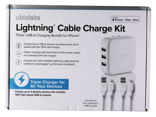 USB-A 36W Ubiolabs 8Pin to Cable Charge Kit w Wall Adapter Cables White