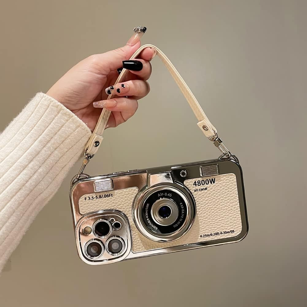 3D Vintage Camera Phone Case with Hand Strap - Unique Cool Silicone PC Shockproo