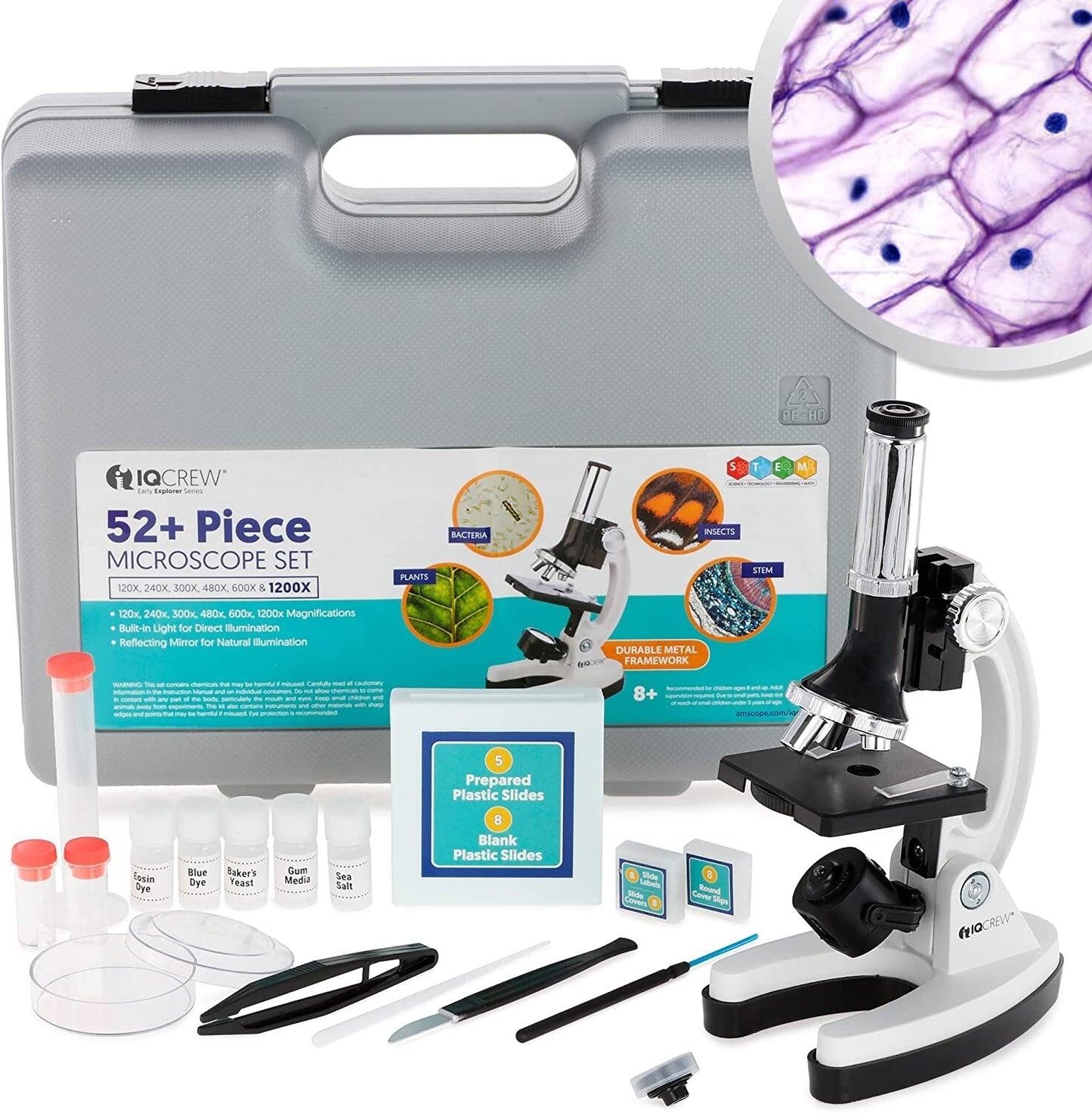 AmScope pcs Kids Beginner Microscope Kit w Metal Body Microscope 120X-1200X 52-