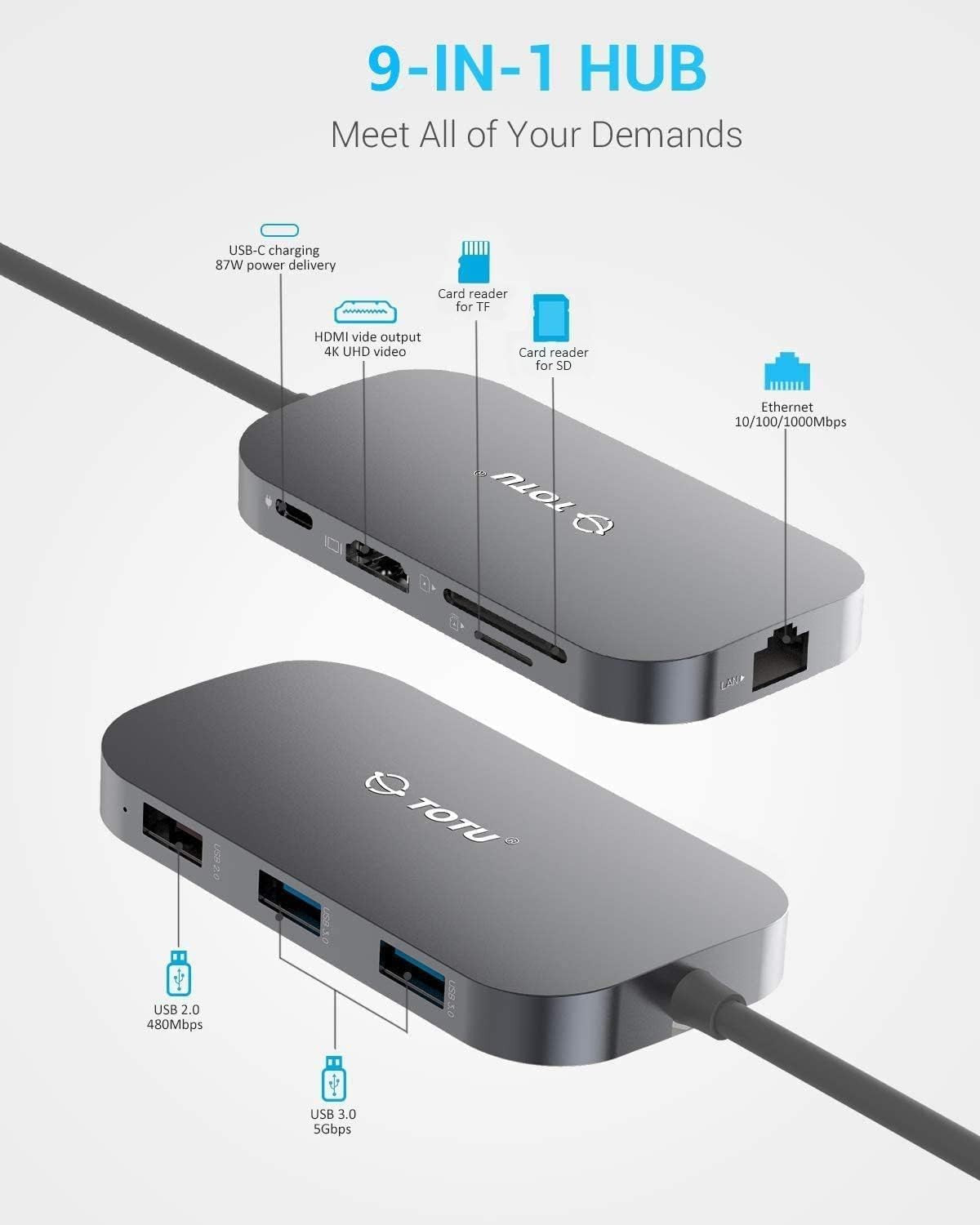 9-in-1 USB-C Hub w/ HDMI, Ethernet, USB 3.0, PD – for MacBook & Type-C Laptops
