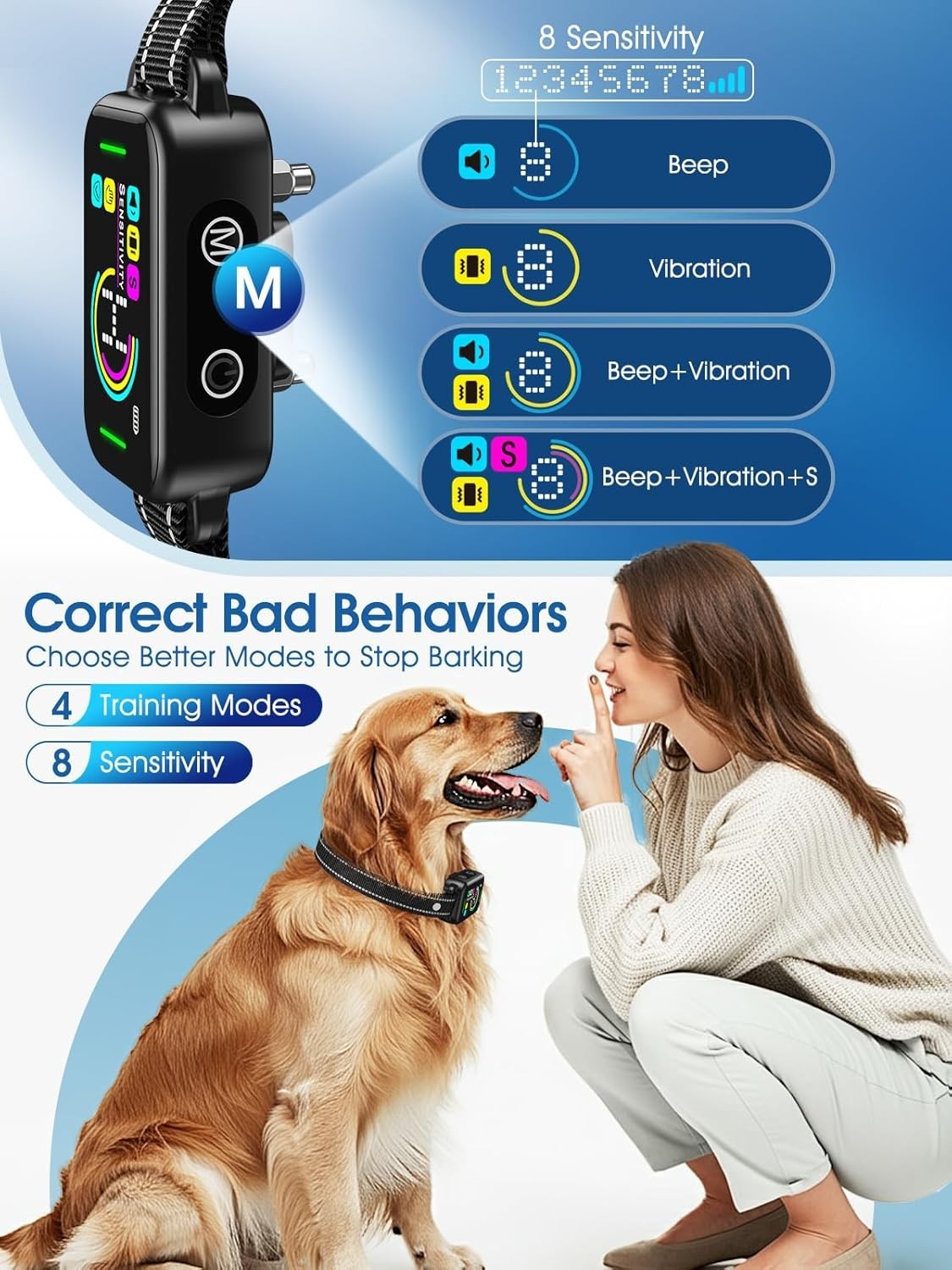 DINJOO Anti-Bark Collar – Smart Bark Control for Small Medium Large Dogs, Black