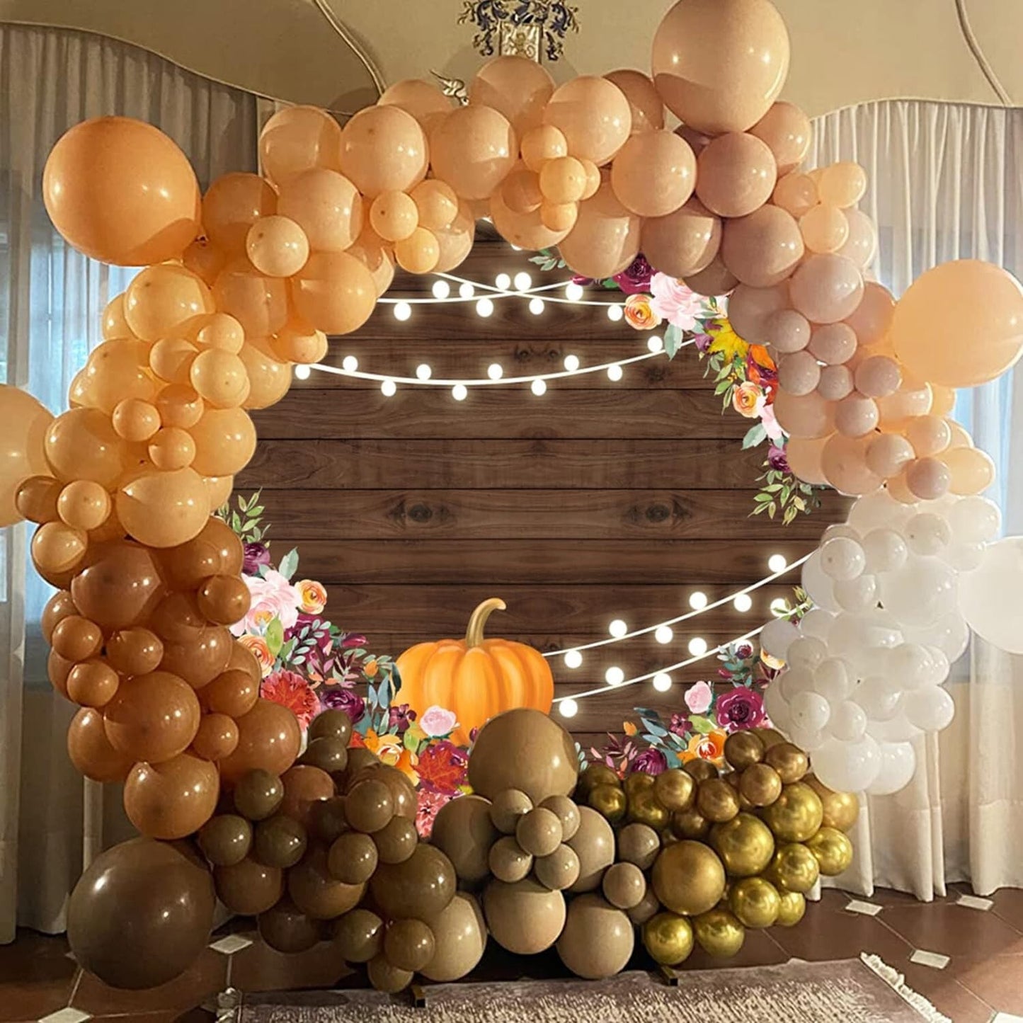 YongFoto 6x6ft Thanksgiving Day Round Backdrop Cover Floral Orange Pumpkin Rusti