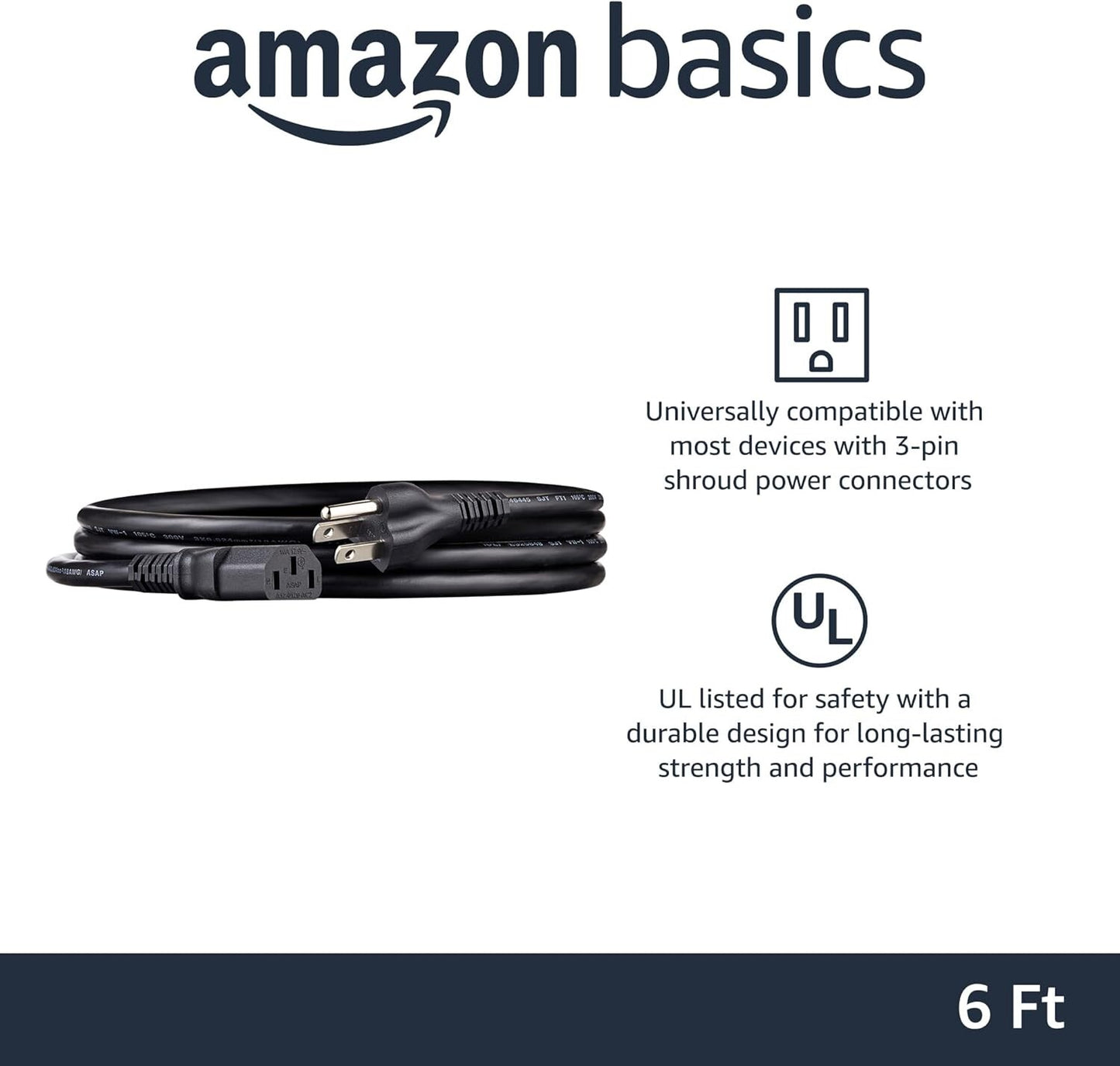 AWG 125 Amazon Basics 6 Feet 3 Prong AC Power Cord 18 Volts