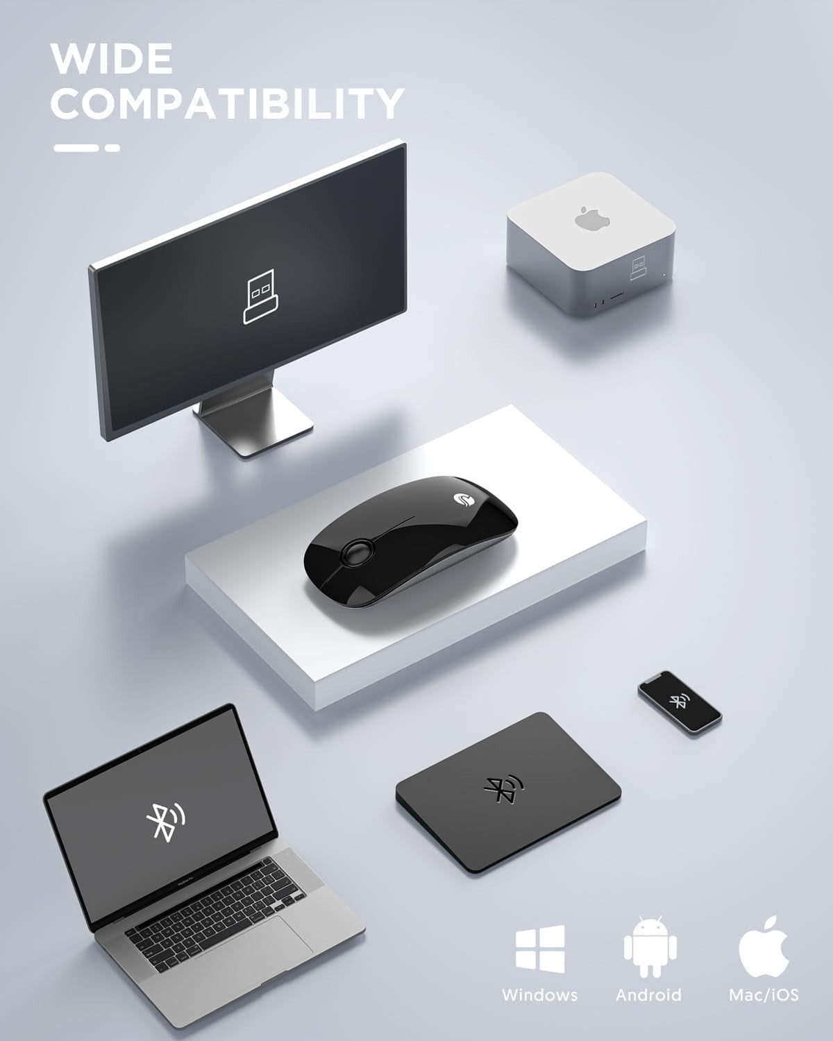 Bluetooth Wireless Mouse – Dual Mode (BT5.1 + USB) Quiet Click, 1600 DPI – Black