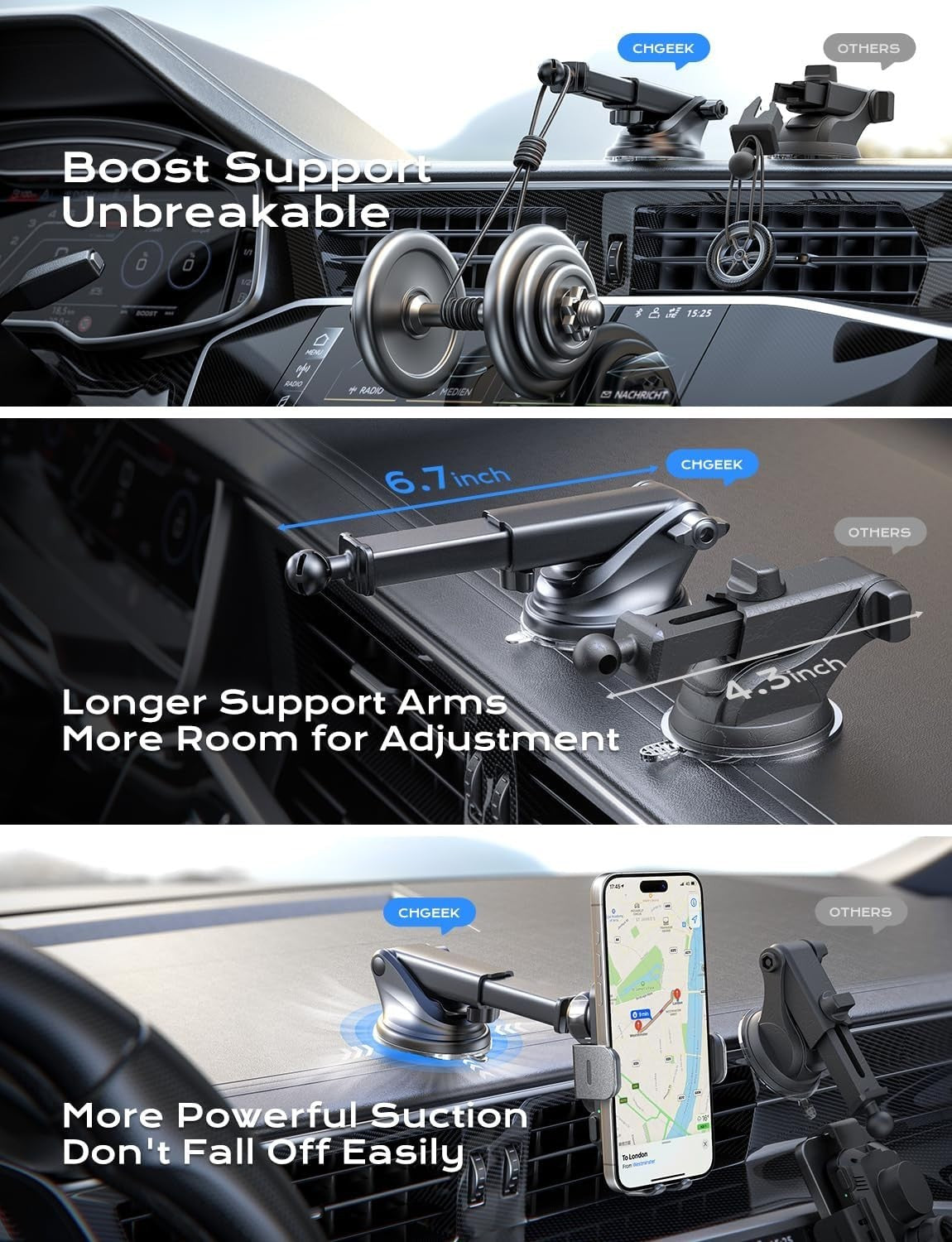 CHGeek 15W Fast Wireless Car Charger – Auto Clamp Holder – iPhone/Samsung Black