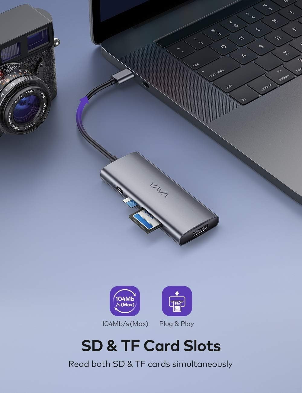 VAVA 7-in-1 USB-C Hub Adapter for MacBook Pro/Air – HDMI, 3 USB, SD/TF, 100W