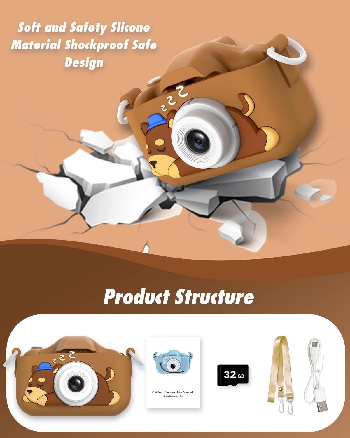 32GB 1080P Slothcloud Cartoon Kids Selfie Camera DogBrown Kids