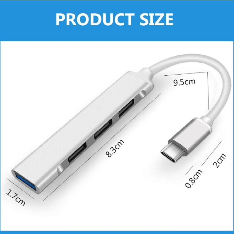 Type-C USB 3.0 Hub – 4-Port OTG Adapter Splitter – Mini USB-C Expander – Grey