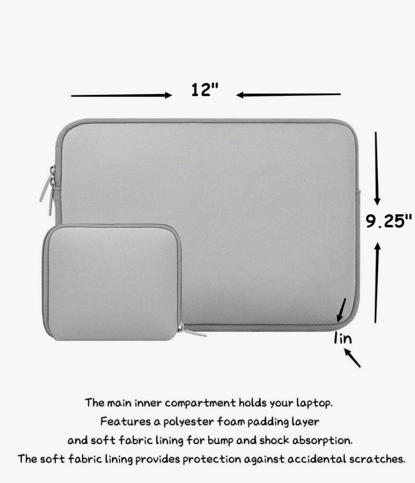 2PC Sleeve Laptop 12" x 9.25" Padded Silver Case / Sleeve Neoprene Bag + Pouch