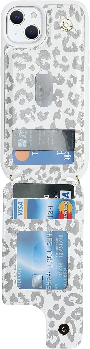 iPhone 13 Case for Women by Lipvina, Crossbody Lanyard, Card Slot, White Leopard
