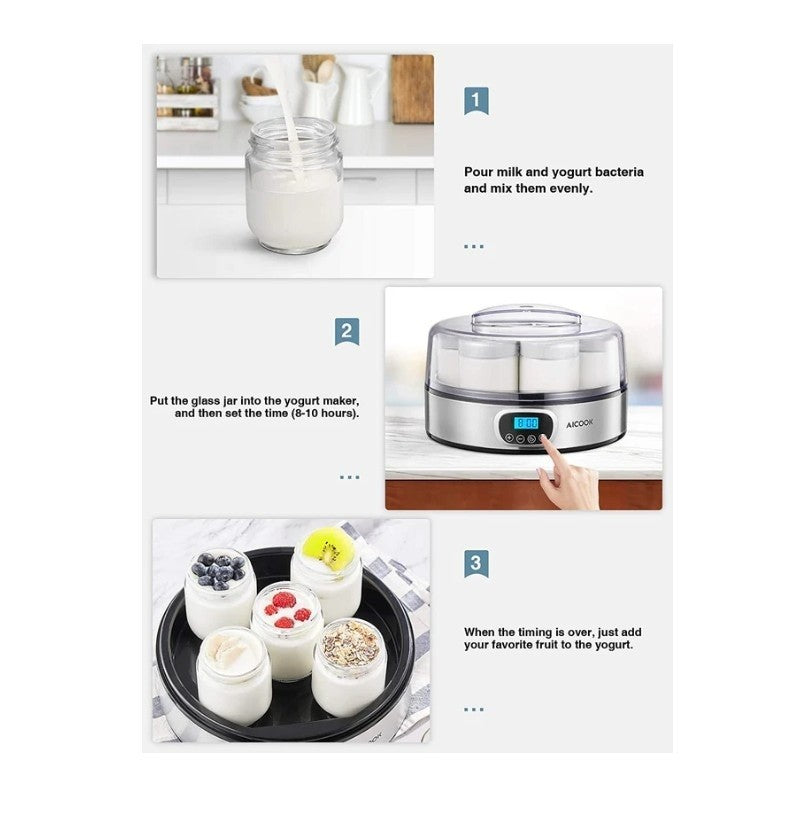 AICOOK Automatic Digital Yogurt Maker Timer Control, LCD Display, 304 Stainless
