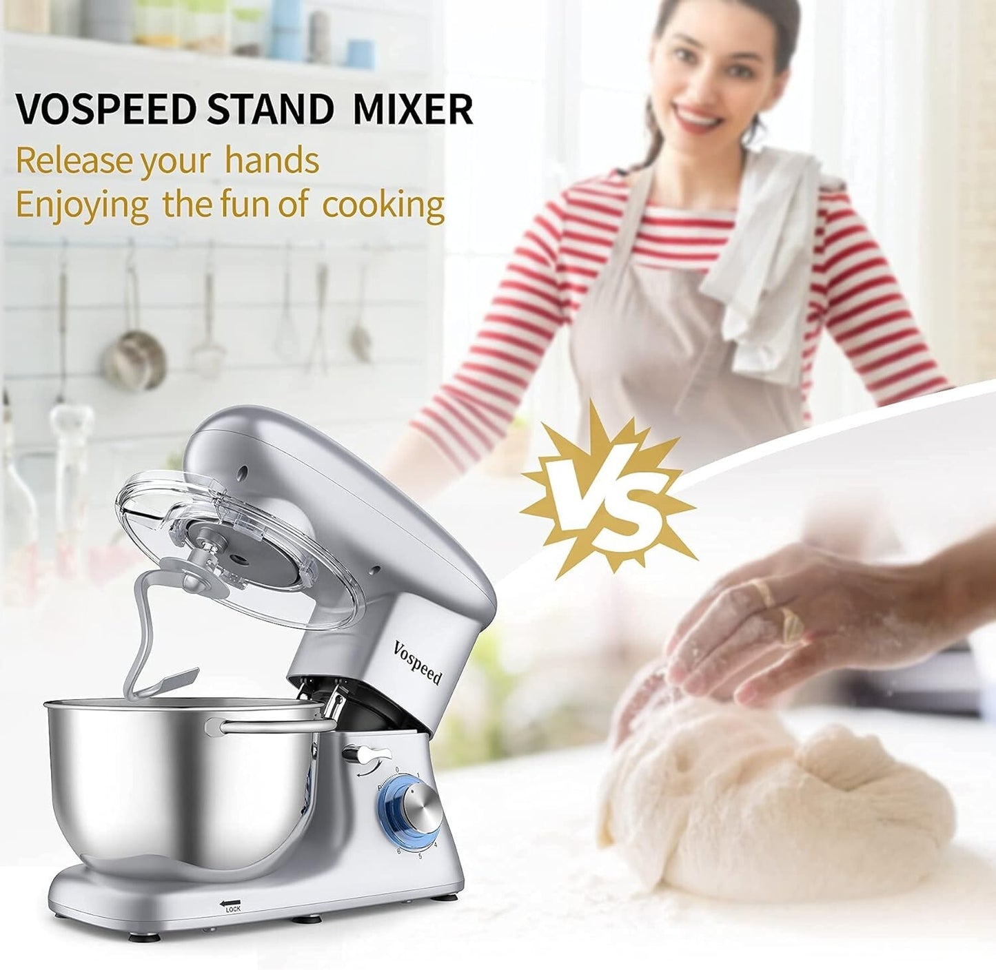 660W Vospeed Stand Electric Mixer 6Speed TiltHead Kitchen Dough 6 Qt Stainless