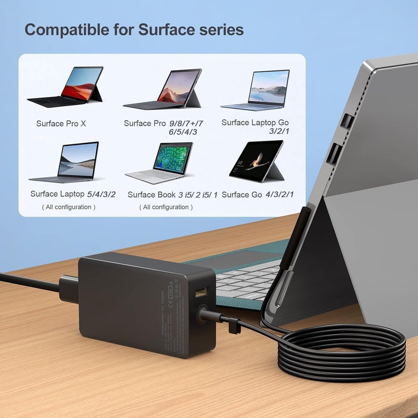 65W Charger for Microsoft Surface Pro 9/8..4/3/X Laptop 5/Studio/Go/Book + Case