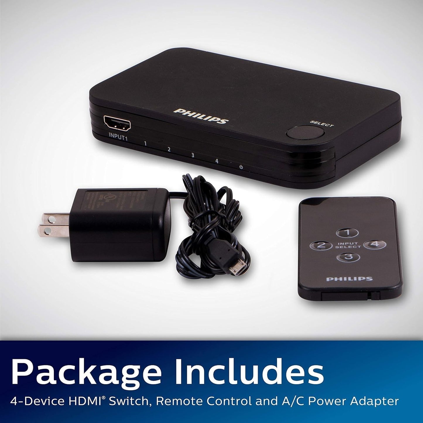 Philips 4K HDMI Switch 4-Port w/ Remote for TV, Roku, Xbox, PS4, Fire Stick