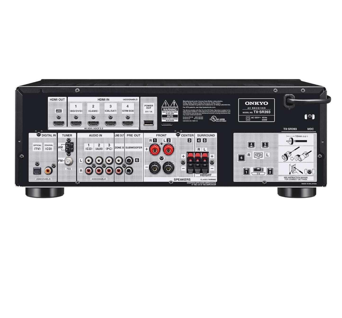 Onkyo TX-SR393 5.2ch A/V Receiver 80W/Ch Dolby Atmos DTS:X 4K HDR Bluetooth