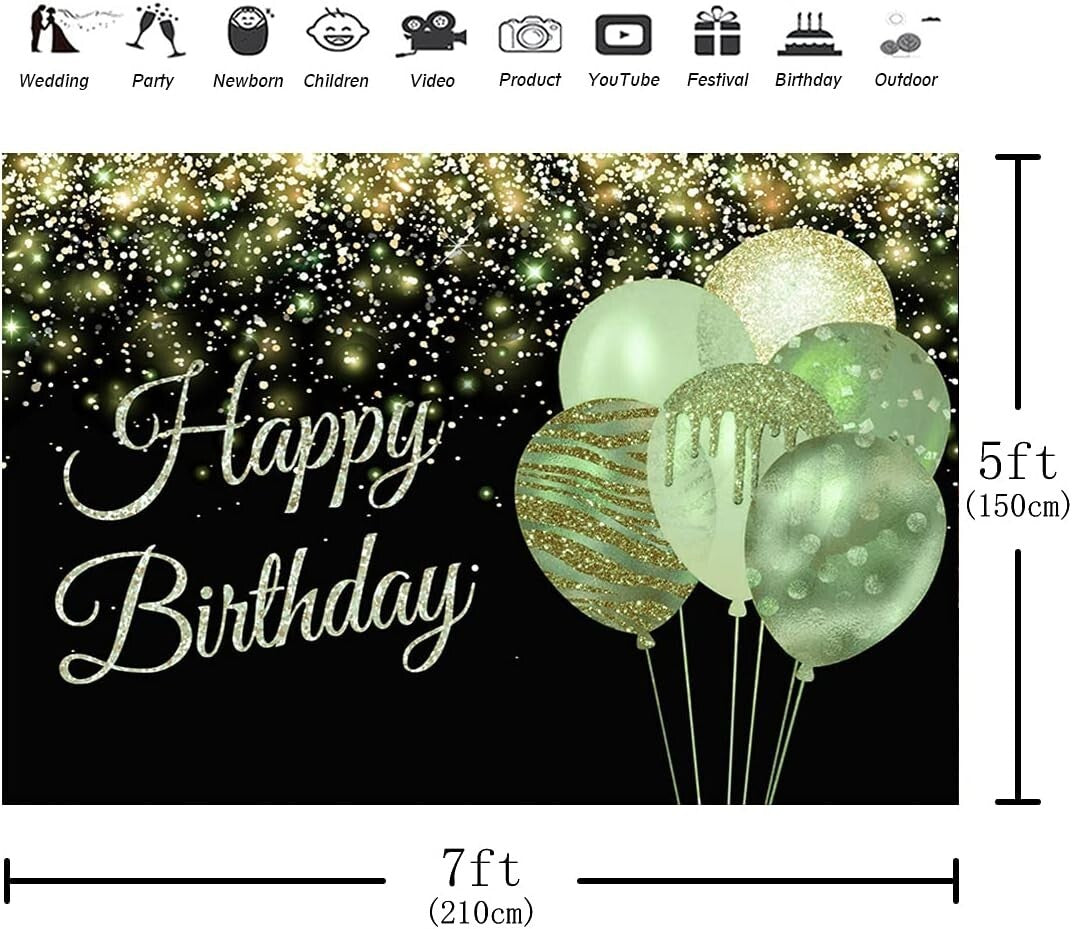 Happy Birthday Backdrop Glitter Balloons Gold 7x5ft Green Photography Background