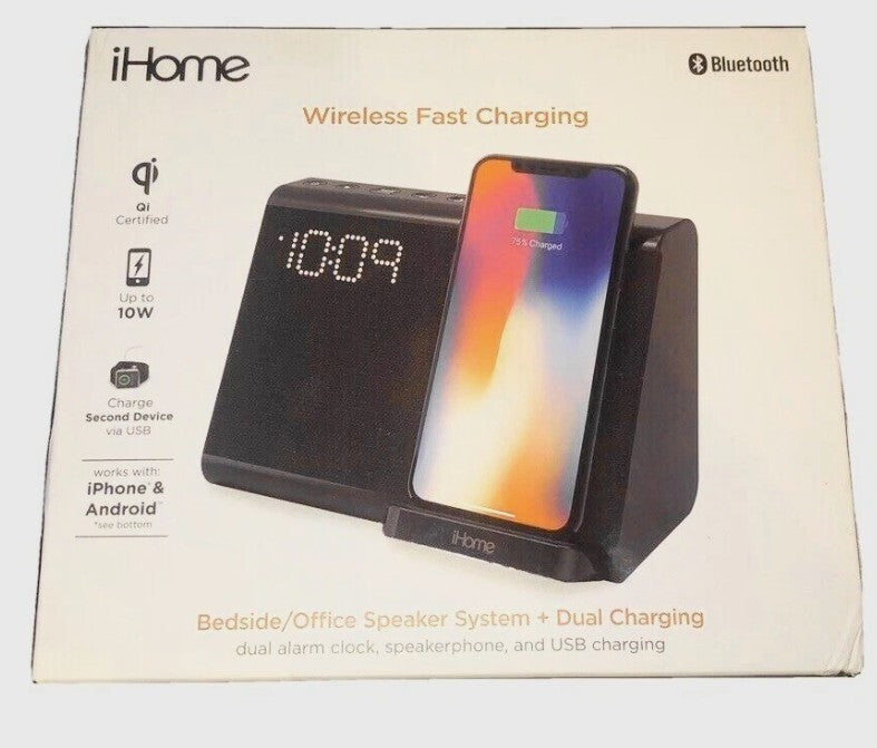 iHome Wireless Fast Qi Dual Charging Bluetooth Dual Alarm Clock Speakerphone US