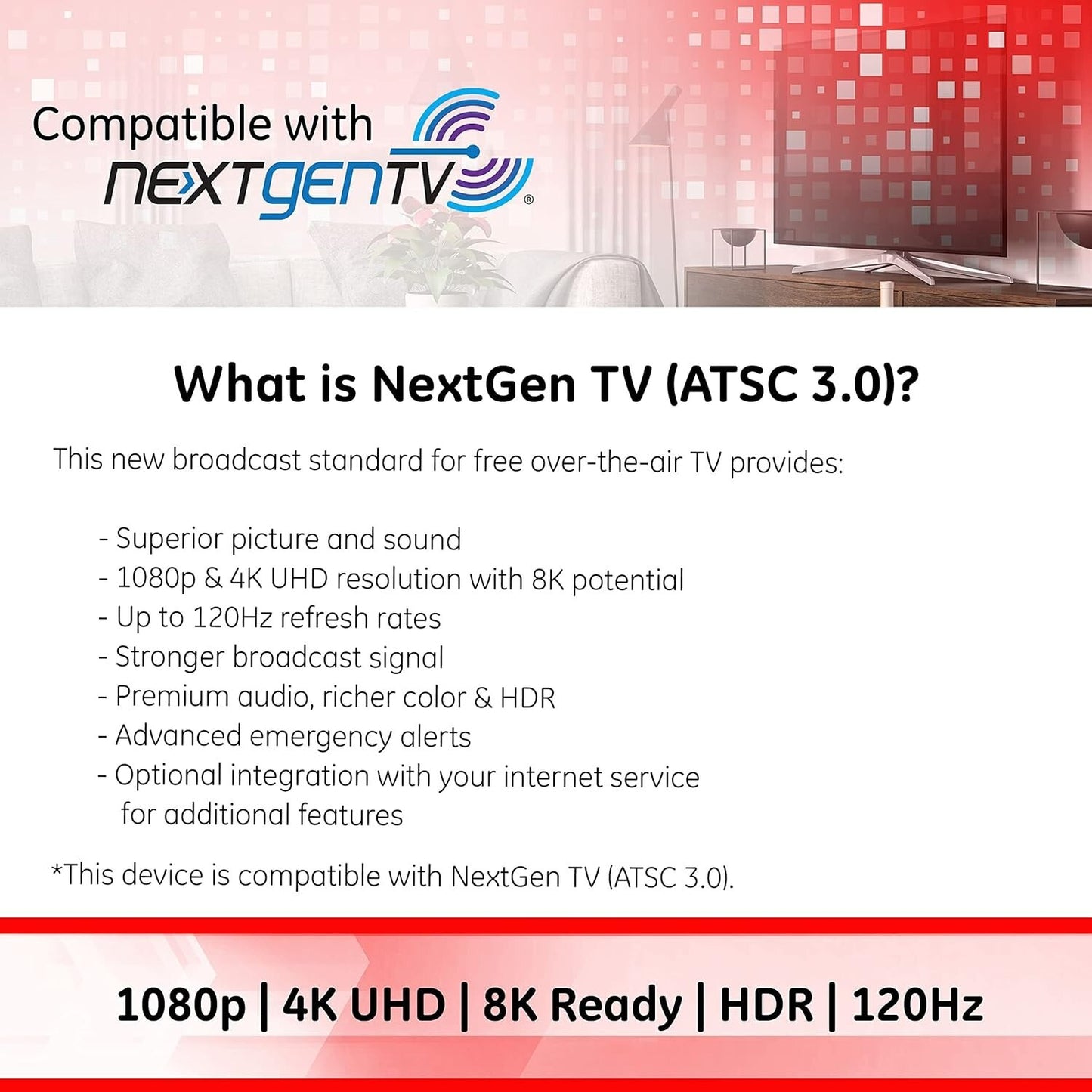 HDTV 33675 GE Modern Loop Indoor Antenna 4K Ultra HD 1080p 4ft
