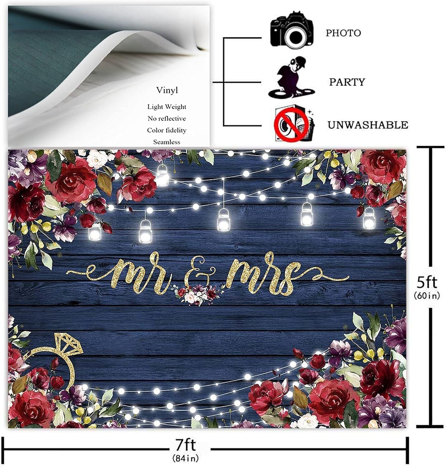 Avezano Burgundy Mr Mrs Backdrop 7x5ft Wedding Shower Decorations Engagement