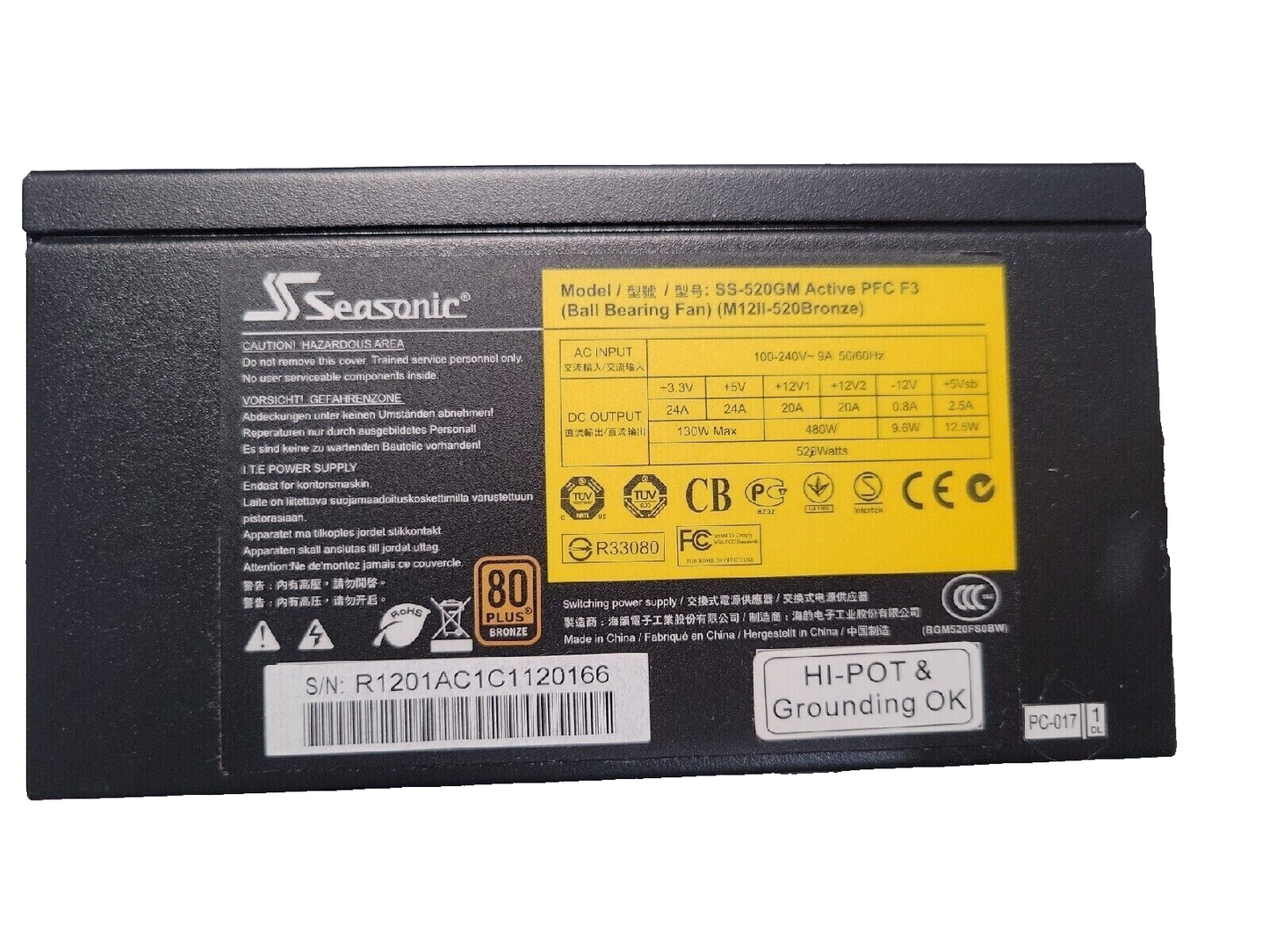 520 ATX Seasonic Watt Power Supply 80 Plus Bronze Active F3