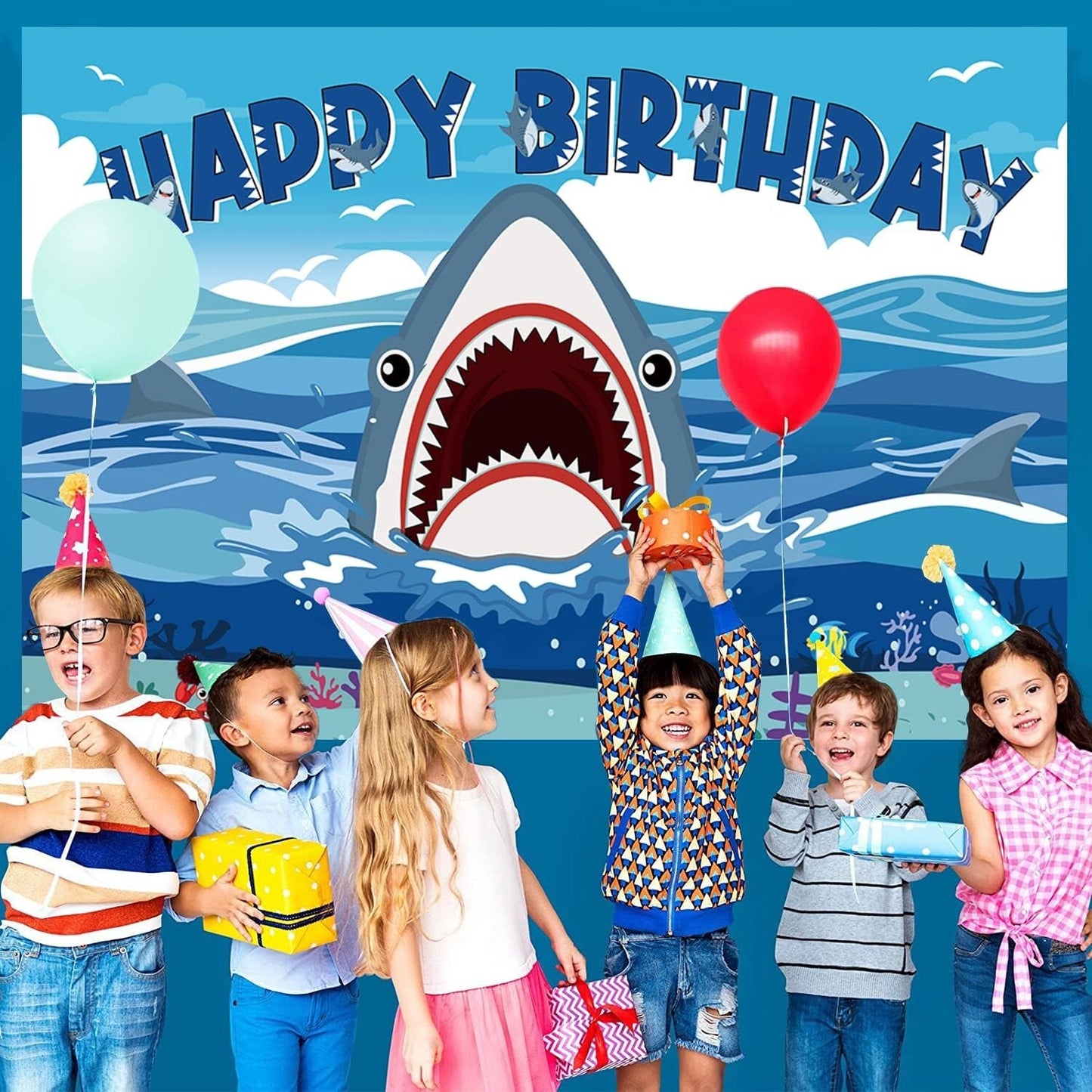 Shark Kids Adult Birthday Decorations Backdrop Photo Background Banner 8x6 ft